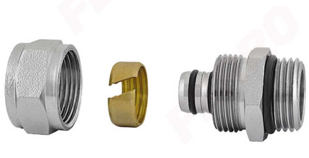 Porca, o anel de aperto (grip ring) e o corpo do fitting