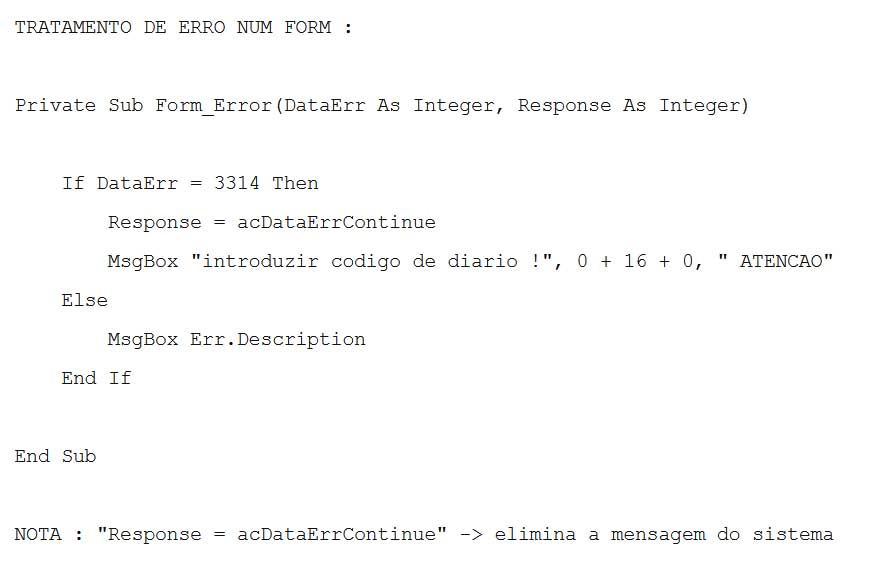 Rotina para controlo de erros em VBA/ACCESS