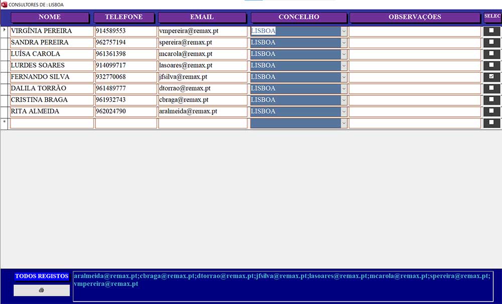 Formulário para gestão de CONTACTOS
